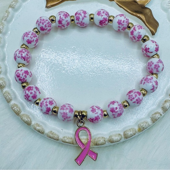 Chinese-Style Ceramic Floral Beaded Stretch Bracelet w/ Pink Breast Cancer Charm - Picture 4 of 5